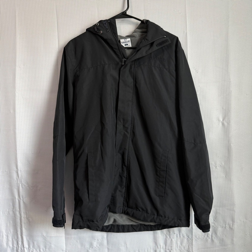 Magellan Outdoors Jacket Mens Small Black Fleece Lined Hooded Rain Coat Hiking S